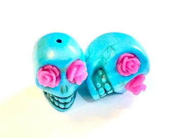 Sugar Skull Beads Pink Rose Eyes Day of the Dead Large Beads 22 MM Skull Jewelry Components