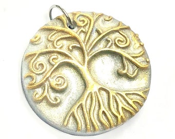 Tree of Life Pendant Handmade Silver Gold Artisan Yggdrasil Polymer Clay Pendant