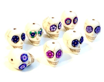 Sugar Skull Beads White 18 MM Beads Purple Lavender Flower Eyes