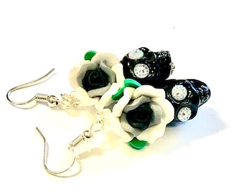 Sugar Skull Earrings: Black Ceramic Skulls with Roses