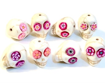 Sugar Skull Beads White 18 MM Beads Pink Flower Eyes