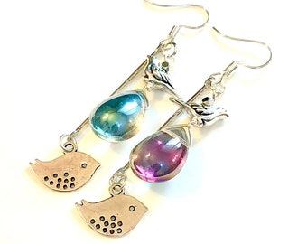 Silver Bird Earrings with Teardrop - Hypoallergenic Earwires, Perfect Gift for Her