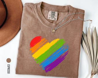 Rainbow Pride Heart Tee, Comfort Colors, Pride Shirt, LGBTQ Rainbow Tee, Pride Heart Tshirt Women, Rainbow Heart Gift, Pride Month Shirt