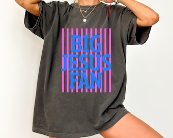 Big Jesus Fan Tee, Comfort Colors, Womens Religious Gift, Striped Preppy Christian Tee, Faith Inspirational Tshirt, Gift for Her, Jesus Tee