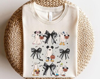 Mickey & Friends Ghost Coquette Bow Halloween Shirt, Disney Mickey&#39;s Not So Scary Party Tee, Disneyland Family Spooky Season 2024 Trip