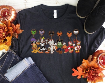 Disney Halloween Shirt, Halloween Matching Shirt, Disney Mickey and Friends Characters Halloween Balloons Tee, Disney Halloween Skeleton Tee