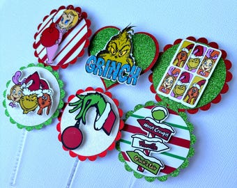 Grinch Inspired Cupcake toppers, Grinchmas, You're a mean one, Christmas, Holiday Cupcake Toppers, Who-ville