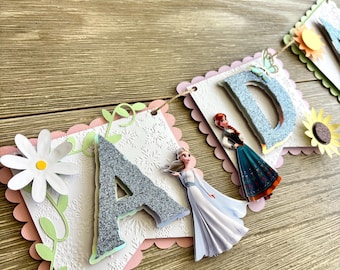 Frozen Floral Birthday Banner, Spring Birthday party, Floral Elsa, Floral Anna