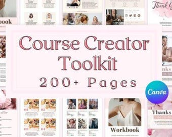 Op de afbeelding: Een roze en witte digitale cursusmaker toolkit met meer dan 200 pagina's. De toolkit bevat sjablonen voor het maken van cursussen, marketing en branding. De tekst "Course Creator Toolkit" en "200+ Pages" wordt weergegeven in een roze en witte lettertype.