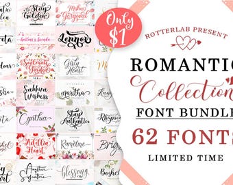 May include: A graphic design advertisement for a font bundle called "Romantic Collection" featuring 62 fonts. The advertisement is pink and white with a red heart and arrow design. The text "Only $1" is in a red circle.