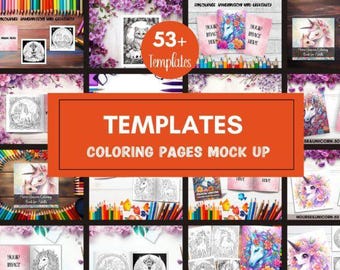 Pode incluir: Uma colagem de maquetes de páginas para colorir com o texto "TEMPLATES COLORING PAGES MOCK UP". A imagem inclui várias páginas para colorir com desenhos de unicórnios e florais, juntamente com lápis de cor e o texto "53+ Templates".