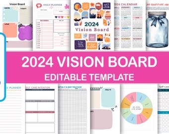 May include: A digital planner template for 2024 with a vision board, daily planner, sleep tracker, self-care intention, and gratitude jar pages. The template is designed in a pastel color scheme with illustrations of mountains, sunsets, and leaves.