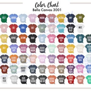 Tabla de opciones de colores de la camisa Bella Canvas 3001