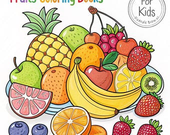 May include: A colorful illustration of various fruits, including a pineapple, bananas, oranges, apples, and strawberries. The image is labeled "Fruits Coloring Books" and "For Kids."