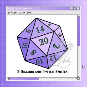 Puede incluir: Un dado d20 morado con números negros, mostrado en una ventana de ordenador retro. Los números son de color verde oscuro. El texto "2 Discord and Twitch Emotes" está en la parte inferior.