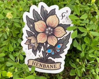 Eerie Gothic Henbane Poison Flower Sticker with Glowing Blue Butterfly - Waterproof Vinyl Decal