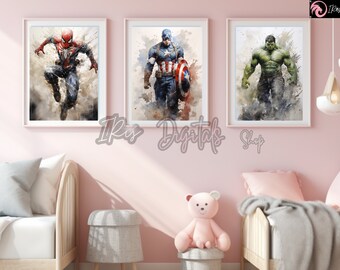 Superhero Watercolor Print Set: Spiderman, Captain America, Hulk (Digital Download)
