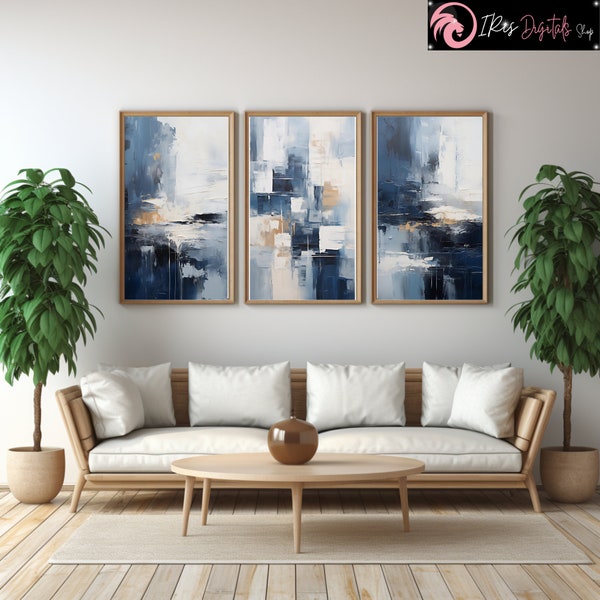 Marine Blaue Abstrakte Kunstdrucke: Modernes Wohn Dekor 3er Set (Digitaler Download)