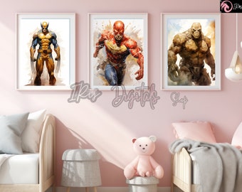 Superhero Watercolor Print Set: Kids Room Decor (Digital Download)