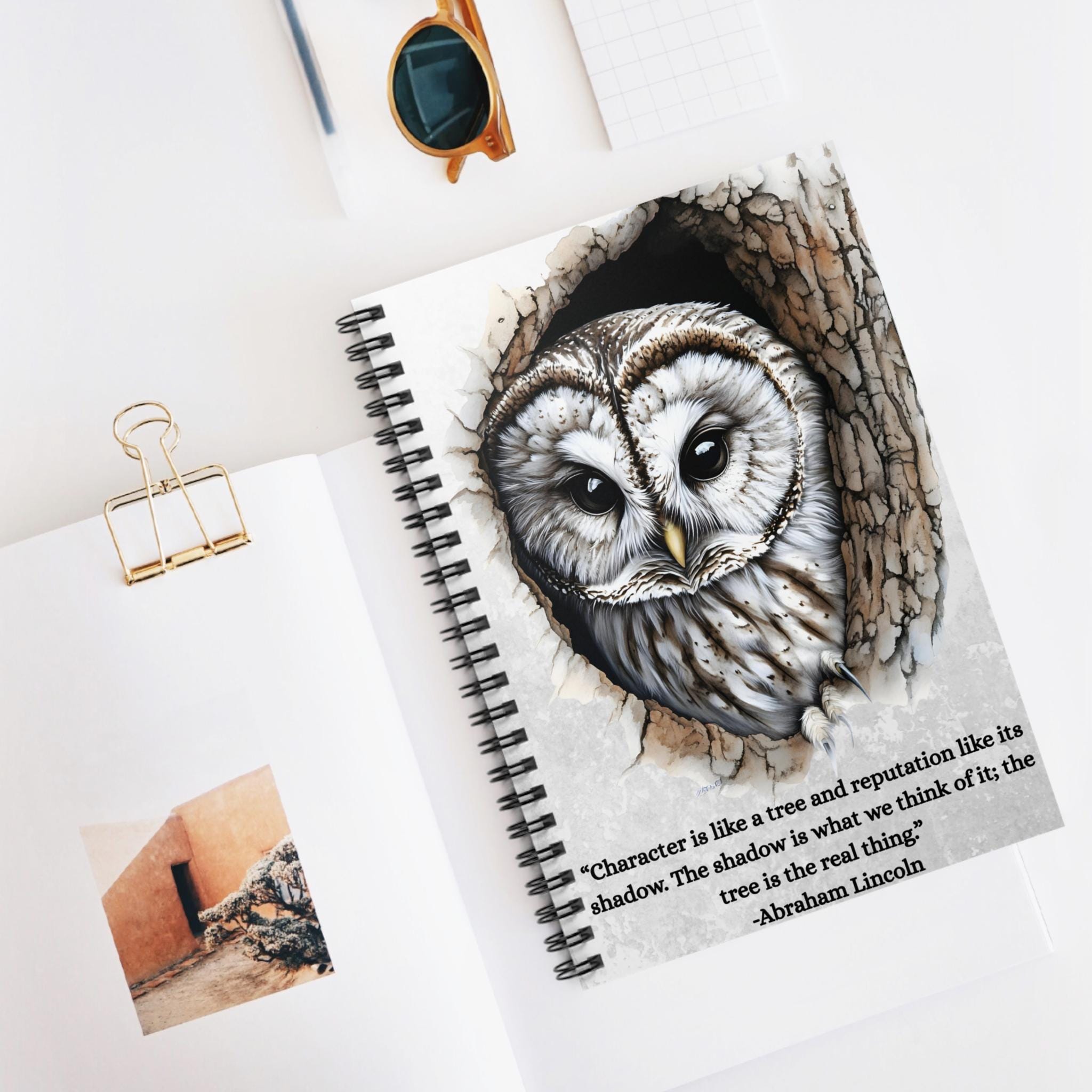 Barn Owl Illustration Notebook | Abraham Lincoln Quote Spiral Notebook 118 pages 59 sheets