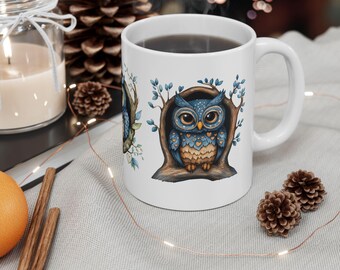 Niebieski kubek z sową leśną | Ceramiczny kubek do kawy
