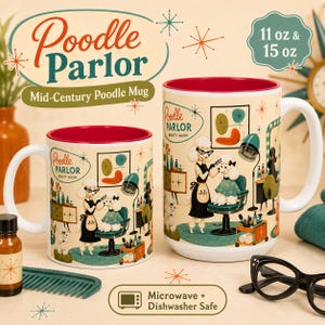 Può includere: Due tazze in ceramica con sfondo color crema e interno rosso. Le tazze presentano un'illustrazione grafica di un salone di bellezza per barboncini con il testo Poodle Parlor Beauty Salon. Le tazze sono disponibili in 325 ml e 445 ml.