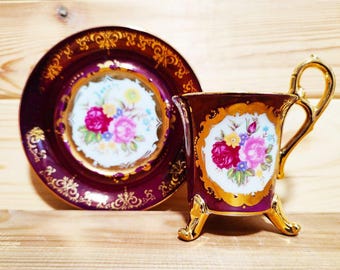 Vintage Porcelain  Mocha Set Cup+Saucer, OHASHI China Hand-painted, Collector Rare Find, Floral Burgundy Gold Decor, Japan Footed Coffee Cup