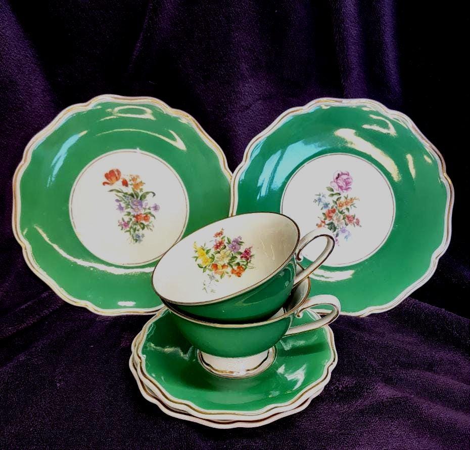 Vintage Porcelain Trio Tea Set, Lichte GDR Germany, Fine China 1960s, Collector Grandma Gift, Green Floral Rare Set Tete a tete