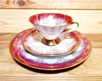 Vintage Porcelain Tea Trio Set Cup+Saucer+Plate, Collector Grandma Gift, Rare Find, KPM Bavaria Germany, Burgundy Gold Decor, Gold Plated