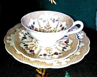 Vintage Porcelain Tea Trio Set Cup Saucer Cake Plate, Collector Grandma Gift, Rare Find, Koniglich Tettau Germany, Antique Floral Decor