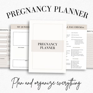 Op de afbeelding: Een zwangerschapsplanner met secties voor het kiezen van een naam, het bijhouden van de 20 weken van de zwangerschap, een checklist voor de ziekenhuistas en een lijst voor jongensnamen. De planner heeft een beige achtergrond met zwarte tekst.
