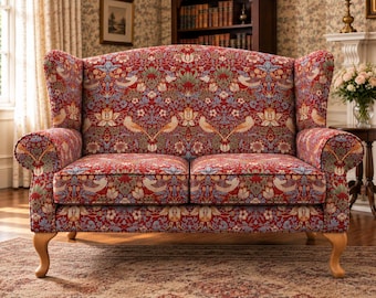 Classic Wingback Sofa - Presented In Luxury Wine Red William Morris Style Fabric