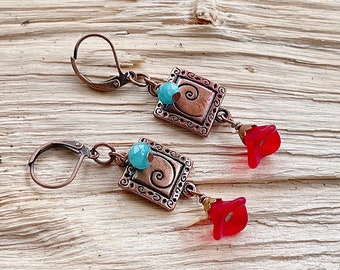 Red. Flower Earrings , Red Earrings Flower Earrings Blue Agate Dangle Earrings Bohemian Earrings Boho Earrings Dangle Earrings