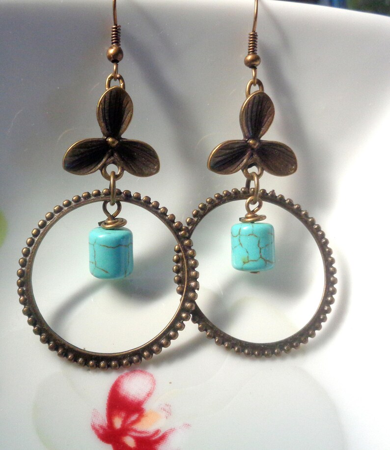 Turquoise Earrings Orchid Earrings Dangle Earrings,Boho Jewelry Turquoise Jewelry,Bohemian Earrings Gift for women Chandelier Earrings