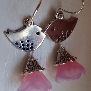 Pink Flower Earrings with Bird Bird Earrings, Flower Earrings, Pink Earrings image 5