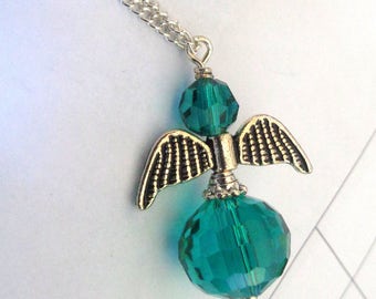 Emerald Crystal Angel Necklace: 18 inch Chain
