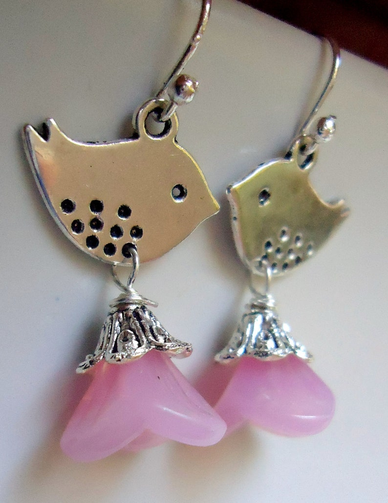 Pink Flower Earrings with Bird Bird Earrings, Flower Earrings, Pink Earrings image 3