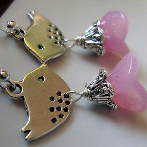 Pink Flower Earrings with Bird Bird Earrings, Flower Earrings, Pink Earrings image 4