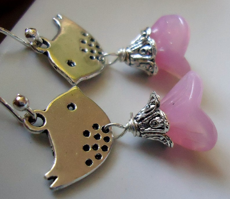 Pink Flower Earrings with Bird Bird Earrings, Flower Earrings, Pink Earrings image 4