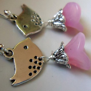 Pink Flower Earrings with Bird Bird Earrings, Flower Earrings, Pink Earrings image 2