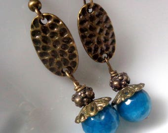 Blue Agate Dangle Earrings: Antique Brass Boho Jewelry