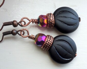 Black Ceramic  Earrings, Black earrings Black Dangle Earrings Black and Copper Earrings Elegant Earrings  Dangle Earrings