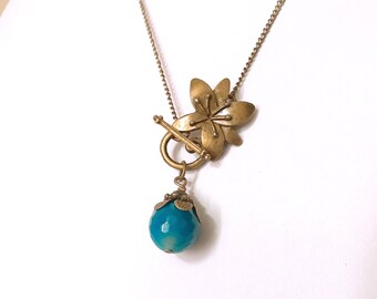 Flower Necklace, Bronze Flower Necklace, Brass Toggle Clasp Blue Agate Pendant Necklace Blue Stone Necklace Gift