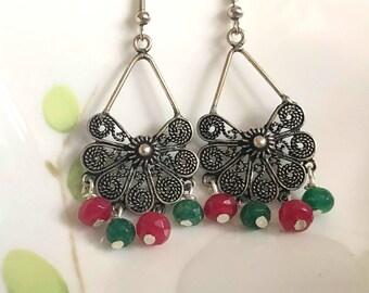 Red Chandelier Earrings, Gunmetal Chandelier Earrings, Green Chandelier Earrings Red and Green Earrings Dangle Earrings