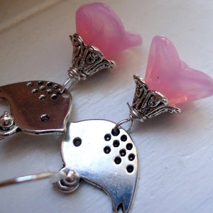 Pink Flower Earrings with Bird Bird Earrings, Flower Earrings, Pink Earrings image 1