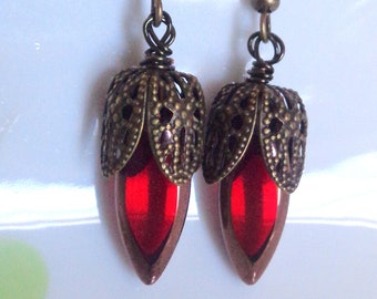 Tulip Flower Earrings, Bronze Earrings, Flower Earrings, Red Glass Earrings, Dangle Earrings, Tulip Earrings, Brass Flower Earrings