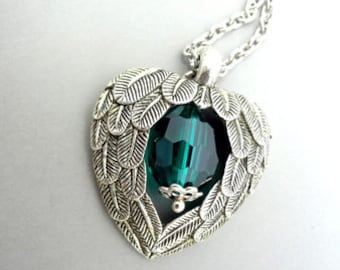 Antique Silver Angel Wings Necklace: Emerald Crystal Pendant
