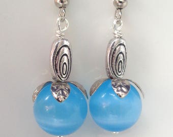 Blue Earrings Cats Eye Earrings, Blue Dangle Earrings, Blue Jewelry, Bridesmaid Earrings