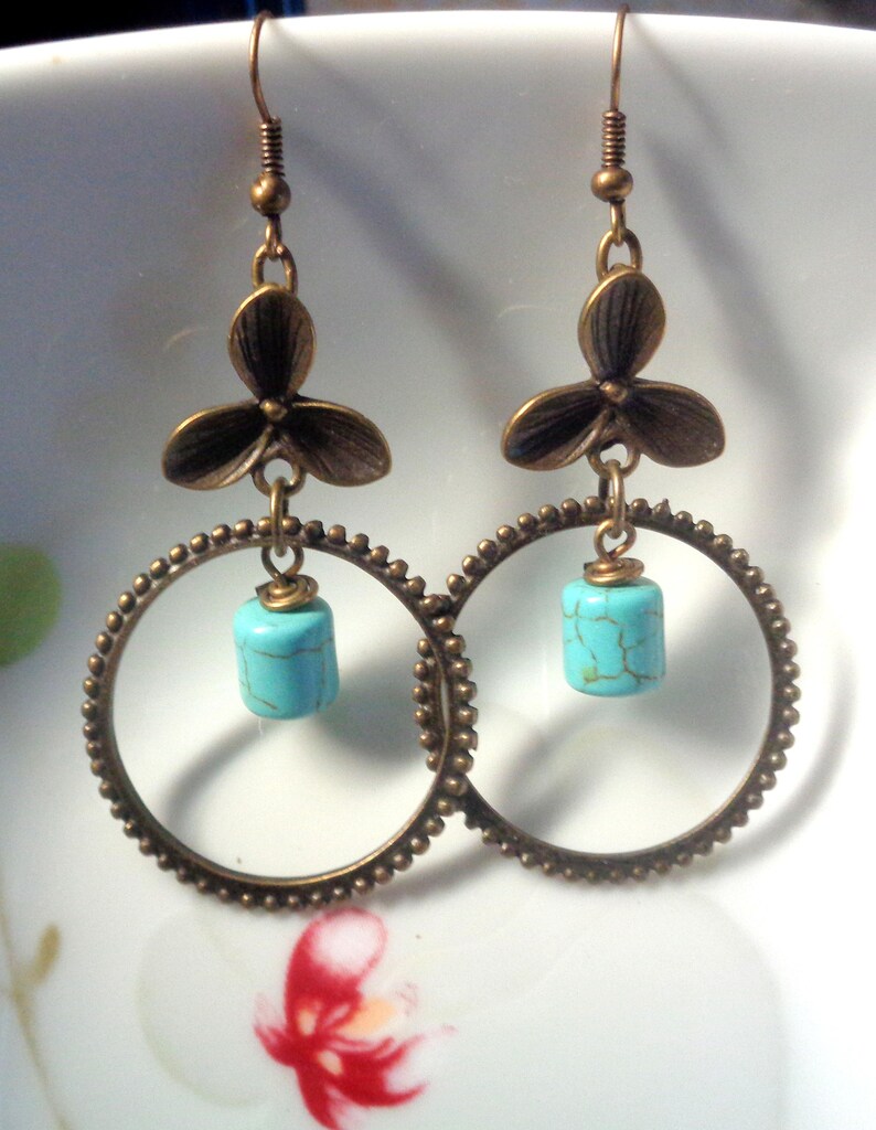 Turquoise Earrings Orchid Earrings Dangle Earrings,Boho Jewelry Turquoise Jewelry,Bohemian Earrings Gift for women Chandelier Earrings