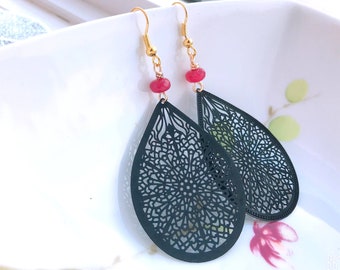 Black Filigree Earrings, Ruby Jade Earrings, Light Dangle Earrings, Black Earrings Light Feather Earrings Long Earrings Black earrings